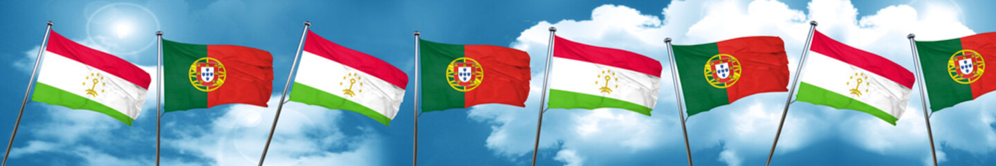 Tajikistan flag with Portugal flag, 3D rendering