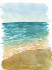 Hand painted with watercolor tropical beach and sea background