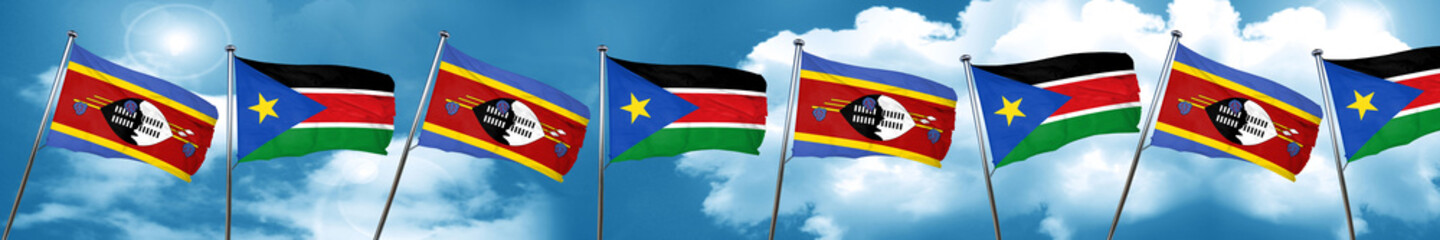 Swaziland flag with South Sudan flag, 3D rendering