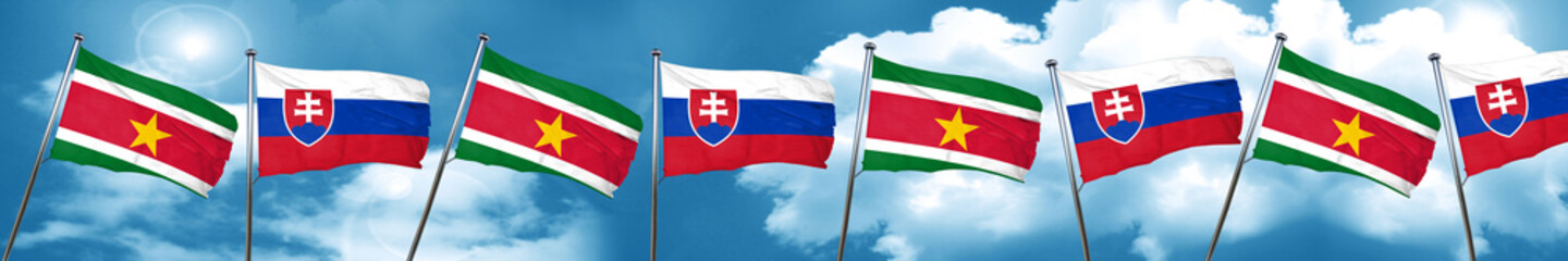 Fototapeta na wymiar Suriname flag with Slovakia flag, 3D rendering