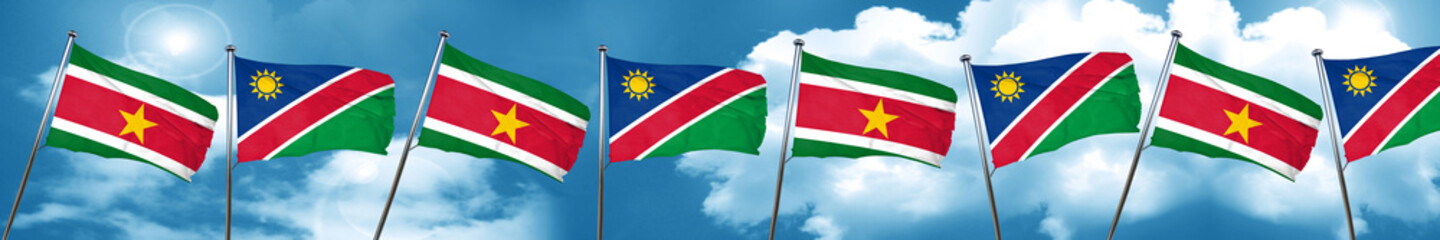 Suriname flag with Namibia flag, 3D rendering