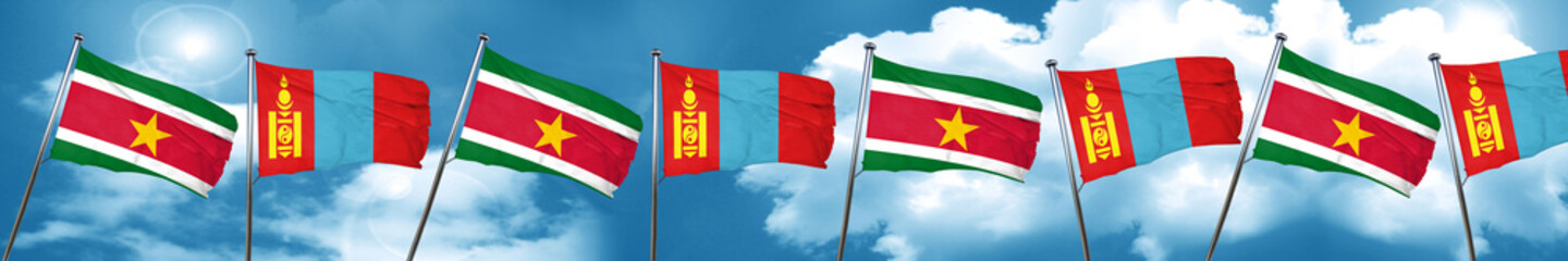 Suriname flag with Mongolia flag, 3D rendering