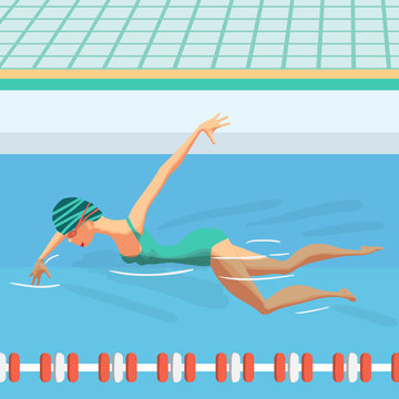 Young woman in sports swimsuit swims in the pool front crawl sty