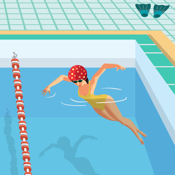 Young woman in sports swimsuit swims in the pool front butterfly