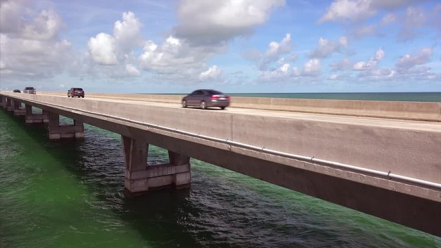 Cars on Seven Mile Bridge Over Ocean in the Florida Keys
