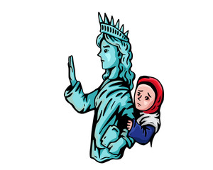 United States Of America Liberty Statue Protects Muslim Refugee Illustration For Muslim Ban Humanity Protest 