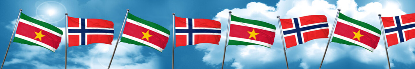 Suriname flag with Norway flag, 3D rendering