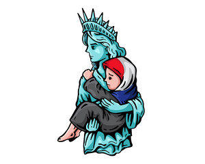 United States Of America Liberty Statue Protects Muslim Refugee Illustration For Muslim Ban Humanity Protest 