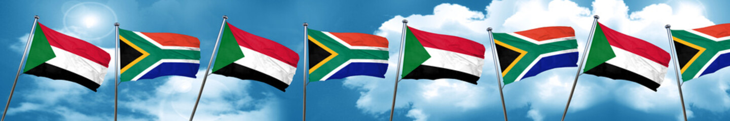 Sudan flag with South Africa flag, 3D rendering