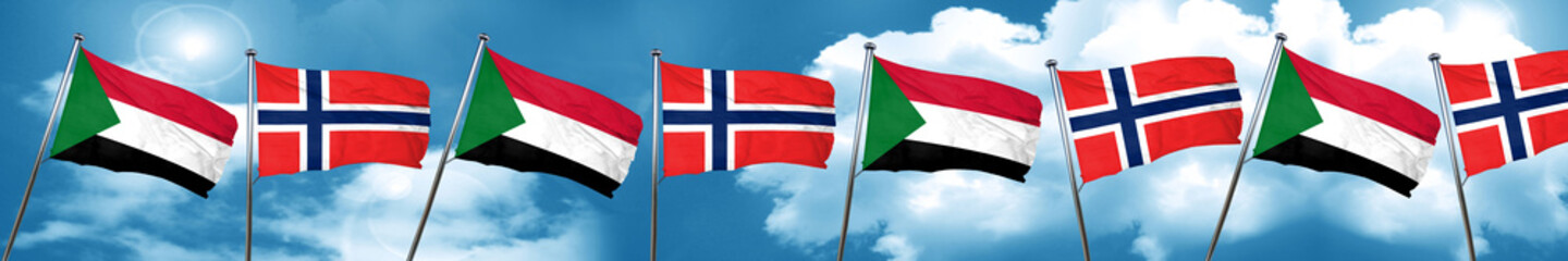 Sudan flag with Norway flag, 3D rendering