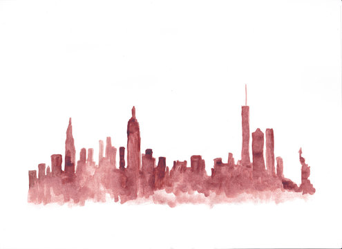 Red watercolor skyline of new york city in USA