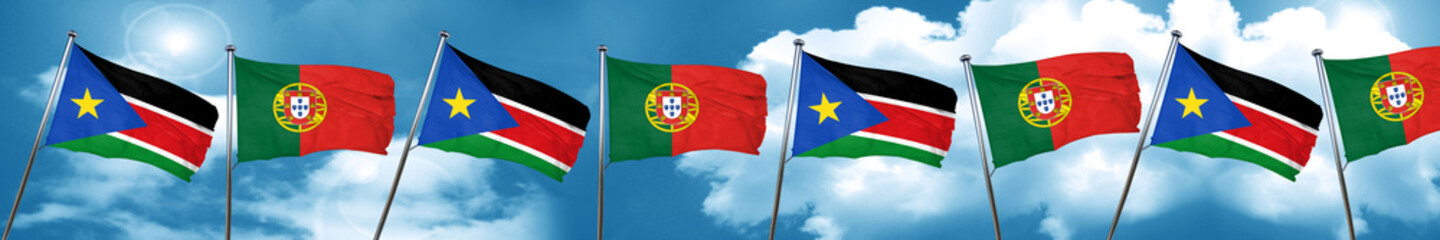 south sudan flag with Portugal flag, 3D rendering