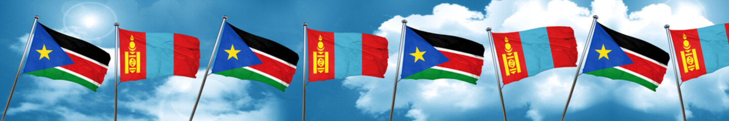south sudan flag with Mongolia flag, 3D rendering