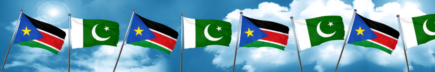 south sudan flag with Pakistan flag, 3D rendering