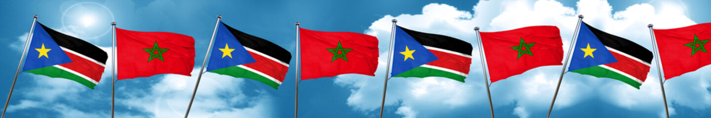 south sudan flag with Morocco flag, 3D rendering