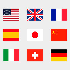 9 national flags. Usa, United Kingdom, France, Spain, Japan, China, Italy, Switzerland, Germany