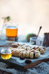 Puff pastry breakfast with tea and hiney