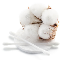 Fluffy cotton ball and cotton swabs and pads.