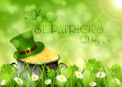 Sunny Patricks Day background with hat and gold of leprechaun
