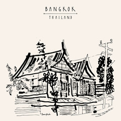 Old traditional houses in Bangkok, Thailand, Asia. Vintage handdrawn postcard