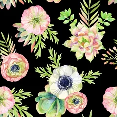 Foto op Plexiglas watercolor seamless pattern with anemone and herbs © Tanya Syrytsyna