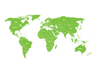 Green political World map with country borders and white state name labels. Hand drawn simplified vector illustration.
