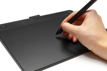 Graphic tablet with pen for illustrators and designers, isolated on white background