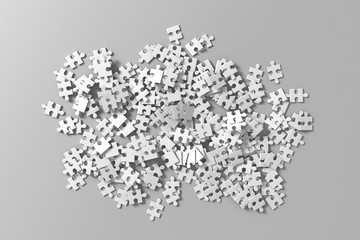 Blank white puzzles game mockup, connecting together, 3d rendering. Clear jigsaw pieces merging, design mock up. Big desktop toy template.