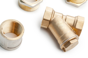 Set of metal-plastic plumbing couplings, adapters, plugs isolated on white background