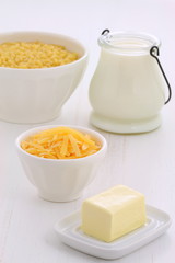 Gourmet macaroni and cheese ingredients.
