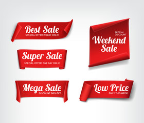A set of red paper sale banners. Vector illustration.