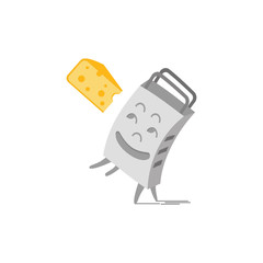 Grater and cheese to grate. Kitchenware cooking utensil illustration. Freehand drawn cartoon cute style. Kitchen tool symbol for grating product. Design vector element of home food preparation process