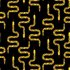 Yellow snake on black seamless pattern vector. Serpent fabric print wild reptile animal.