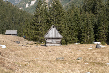 Wooden huts in Chocholowska valley in spring, Tatra Mountains, Poland