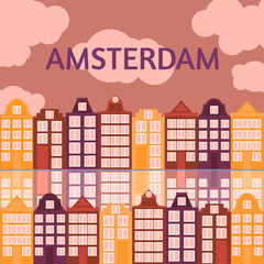 Fototapeta premium Amsterdam city flat line art. Travel landmark, architecture of netherlands, Holland houses, european building isolated set,