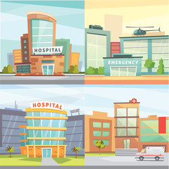 Set Hospital building cartoon modern vector illustration. Medical Clinic and city background. Emergency room exterior.