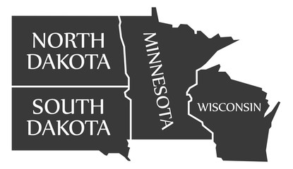North Dakota - South Dakota - Minnesota - Wisoncsin Map labelled black