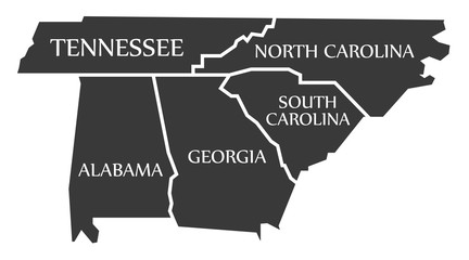 Tennessee - North Carolina - Alabama - Georgia - South Carolina Map labelled black