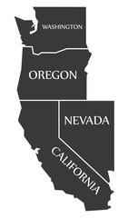 Washington - Oregon - Nevada - California Map labelled black