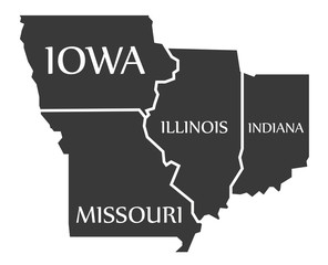 Iowa - Missouri - Illinois - Indiana Map labelled black