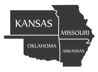 Kansas - Missouri - Oklahoma - Arkansas Map labelled black - obrazy, fototapety, plakaty