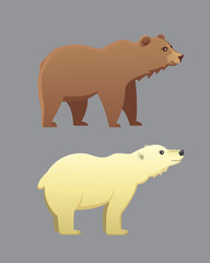 Fototapeta premium Collection with different cartoon bears isolated on grey background. Vector broun and white polar bear. Set Wildlife or zoo grizzly.