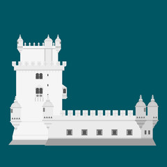 Travel landmark Portugal elements. Flat architecture and building icons Tower Belem. National portuguese symbol.