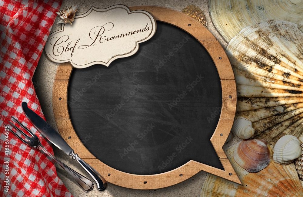 Poster blackboard for seafood menu in the shape of speech bubble with a label with text chef recommends