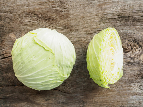 Top view of fresh cabbage vegetable on wooden table
