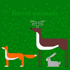 Wildlife zoo collection of cute cartoon animals. Forest fauna of the world icon set isolated. Wild characters. Fox, deer and rabbit.