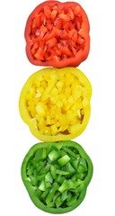 Slices of red bell pepper, green and yellow colors, filled with chopped flesh,  depicting traffic light colors. Isolated on white background