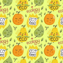 Eco food seamless pattern with various happy cartoon fruit characters isolated on green background. Natural eco friendly products and farm vegetarian food packaging. Healthy eating concept.