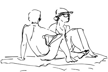 vector sketch of a young man next to the woman on the beach sitt