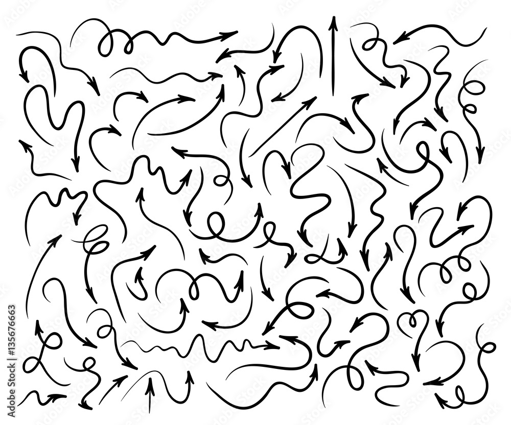 Poster vector hand drawn line arrows. arrow sketch set for coordination and turning